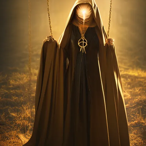 Image similar to a portrait of a young woman wearing a long dark cloak, hood and shadows covering face, holding golden chains, oil painting, Volumetric Golden dappled dynamic lighting, Highly Detailed, Cinematic Lighting, Unreal Engine, 8k, HD