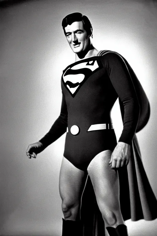 Prompt: rock hudson playing superman in 1 9 7 8, superhero, dynamic, 3 5 mm lens, heroic, studio lighting