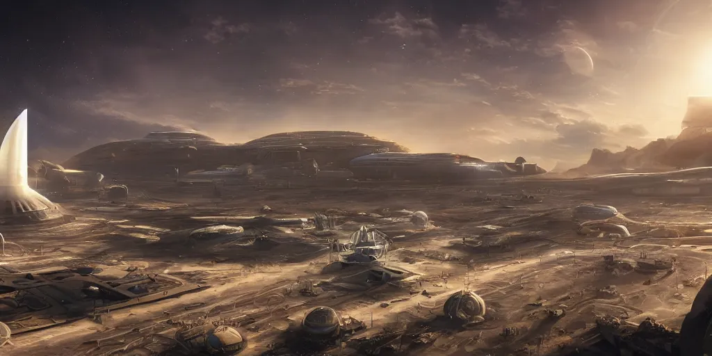 Image similar to a beautiful view of a spaceport, matte painting, cinematic lighting, hyper - detailed, 4 k, scifi