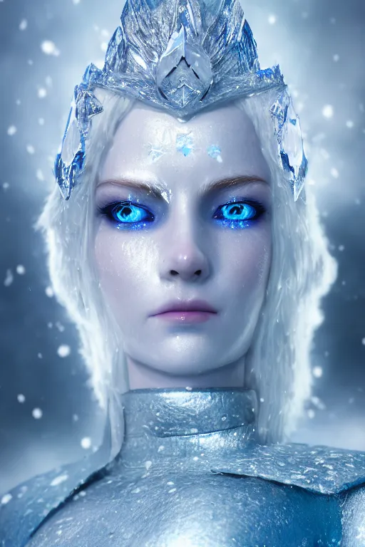 Image similar to ice goddess with beautiful face with a glowing blue crystal on her forehead, frosty white eyes, winter mist around her, white plated armor, pale skin, white smoke ， photorealism, octane render, frostbite, 8 k, cinematic, 3 5 mm, aspect ratio