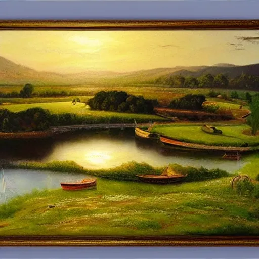 Prompt: a grassy landscape with lakes and boats during dawn, sunset, ultra realistic, ultra detailed, beautiful oil painting, top view, wide angle