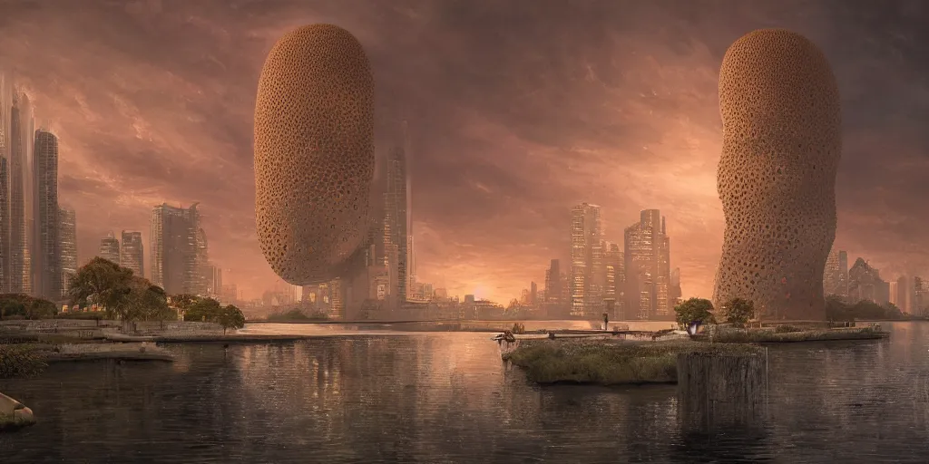 Image similar to An epic architectural rendering of a blob shaped trypophobia house with a mysterious red glow emitting from inside in a modern cityscape next to a river, by Zaha Hadid and Martin Johnson Heade and Greg Rutkowski, stunning, gorgeous, golden ratio, photorealistic, featured on artstation, 4k resolution