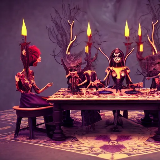 Image similar to dark witches sitting at a table doing a ritual. Ornate details, award winning. Octane render, 4k, 8k, unreal 5, very detailed, hyper control-realism, trending on artstation.”