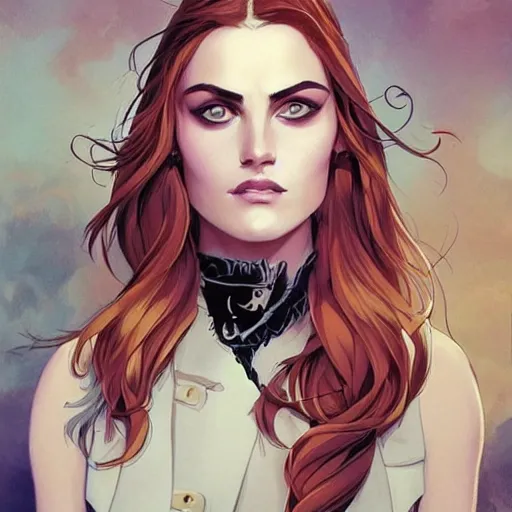Image similar to Joshua Middleton comic art, pretty female Phoebe Tonkin, pirate, eye patch over left eye, evil smile, symmetrical face, symmetrical eyes, pirate clothing, long wavy blonde hair, full body:: sunny weather::