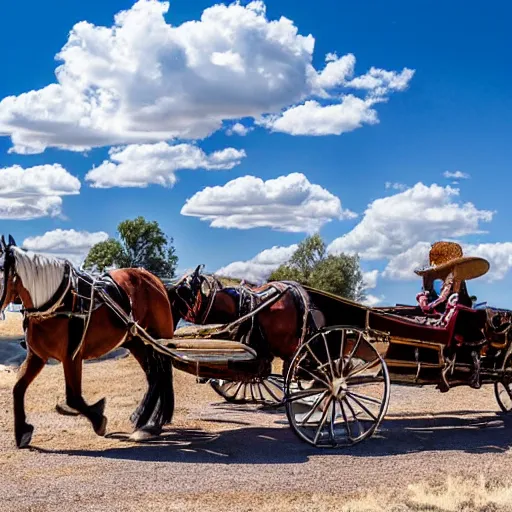 Prompt: a massive horse drawn carriage being pulled across the american southwest by a team of a hundred horses under a vibrant blue sky dotted with small white puffy clouds.