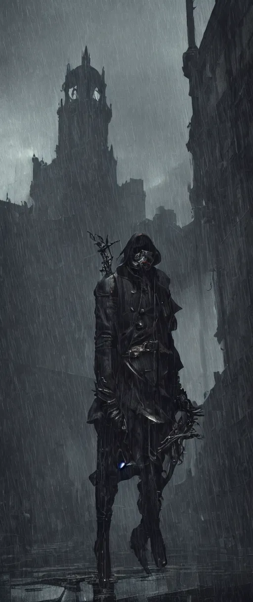 Image similar to Corvo Attano, Dishonored aesthetic, cinematic lighting, rainy weather, melancholy atmosphere, artstation, Dunwall city, gothic architecture, volumetric light, octane render, redshift render, Dishonored game, rich deep moody colors, depression and despair