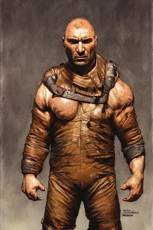 Prompt: upper body portrait of hulking dave bautista as baron harkonnen, wearing old leather spacesuit, dystopian science fiction, dark, horror, illustration by norman rockwell, hans baluschek, artstation character art, john william waterhouse, concept art, greg rutkowski