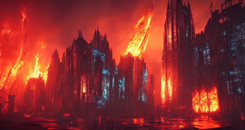 Image similar to a cyberpunk medieval gothic dark-ages city, rich contrast, fire-twister, fire-tornado, lava-twister, feeling of grimdark and gothic horror, explosions and fire, hyperrealistic, octane render, unreal engine, Cryengine 8k UHD