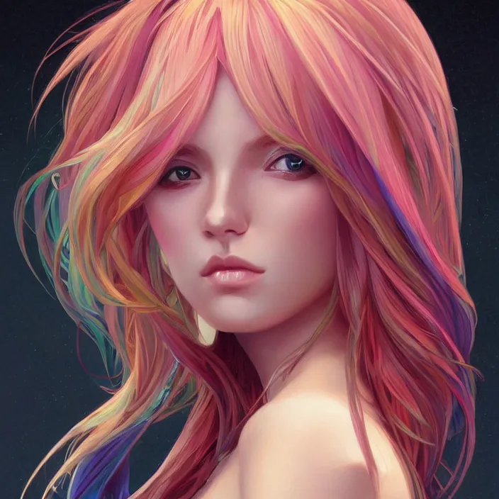 Image similar to portrait of beautiful symmetrical anime girl, rainbow hair, attractive, casual, modern, victoria's secret, highly detailed, digital painting, artstation, concept art, smooth, sharp focus, illustration, art by artgerm, greg rutkowski and alphonse mucha, 8 k,