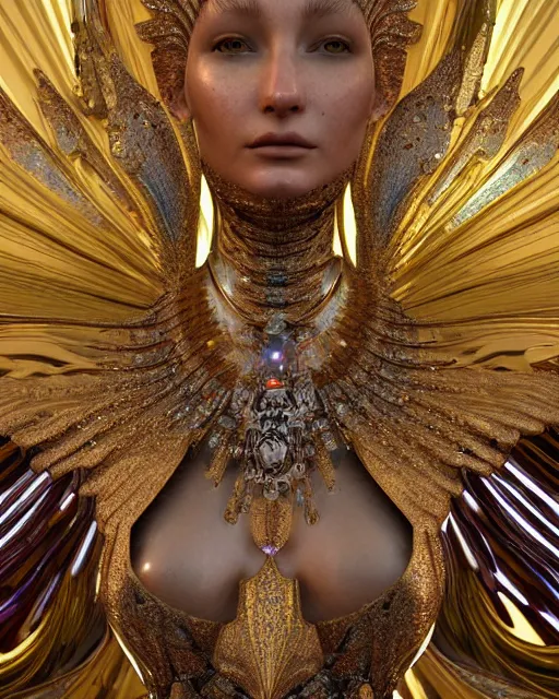 Image similar to a highly detailed metahuman 4 k close up render of an alien goddess bella hadid monument in iris van herpen armor schiaparelli in diamonds crystals swarovski and jewelry iridescent in style of alphonse mucha gustav klimt trending on artstation made in unreal engine 4