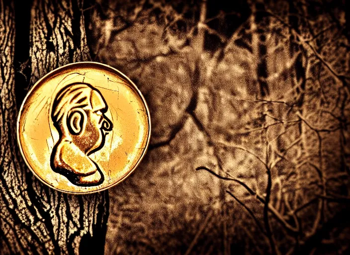 Image similar to old retro burnt out sepia photograph with scratches of an old and wrinkled man biting into a golden coin with his teeth. magical forest in the background with bokeh. Antique. High quality 8k. Intricate. Sony a7r iv 35mm. Award winning.