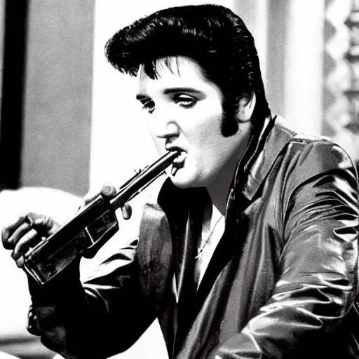 Image similar to elvis as tony montana in scarface with a tommy gun