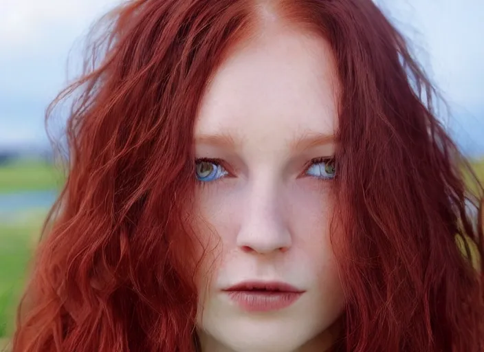 Image similar to close up portrait photograph of a thin young redhead woman with russian descent, sunbathed skin, with deep blue eyes. Wavy long maroon colored hair. she looks directly at the camera. Slightly open mouth, face takes up half of the photo. a park visible in the background. 55mm nikon. Intricate. Very detailed 8k texture. Sharp. Cinematic post-processing. Award winning portrait photography. Sharp eyes.