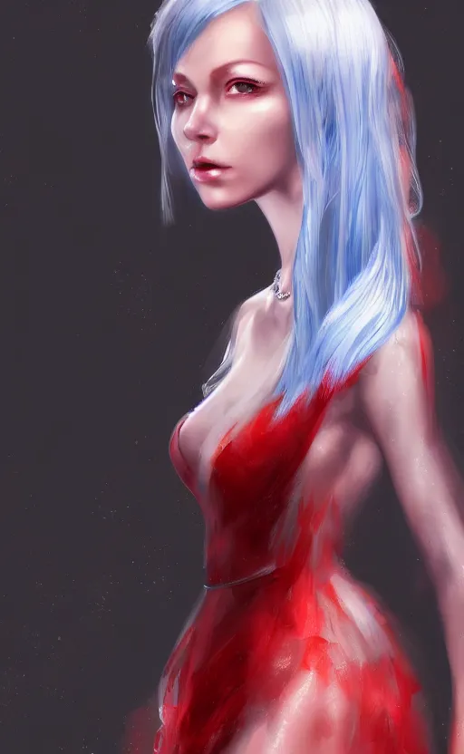 Prompt: the prettiest woman with silver blue hair, in a red and white dress portrait, dynamic lighting, fantasy concept art, trending on art station, stunning visuals, creative, cinematic, ultra detailed, ray tracing, sun rays, hyper realistic