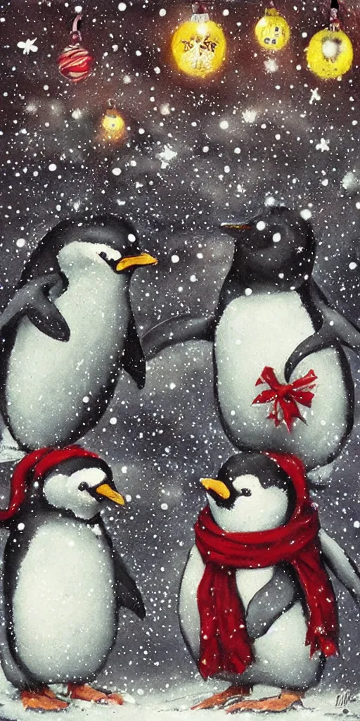 Prompt: a christmas penguins scene by alexander jansson