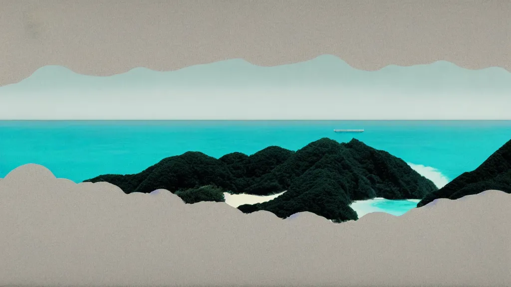 Image similar to dramatic landscape of amami oshima, japan, a collage painting, in the style of wes anderson, lola dupre, david hockney, isolated on negative white space background dark monochrome neon fluorescent spraypaint accents volumetric octane render