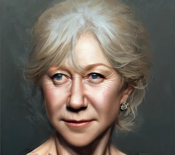 Prompt: a hyper-detailed portrait of Helen Mirren by Craig Mullins; oil on canvas; trending on artstation