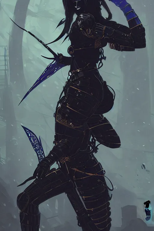 Image similar to portrait Ninja gaiden girl, armored black and blue ninja wardrobe, in ruin japanese rainny temple night, ssci-fi and fantasy, intricate and very very beautiful and elegant, highly detailed, digital painting, artstation, concept art, smooth and sharp focus, illustration, art by tian zi and WLOP and alphonse mucha