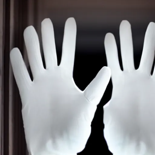 Image similar to a disembodied 5 - fingered white gloved hand waving out from behind a dark doorway