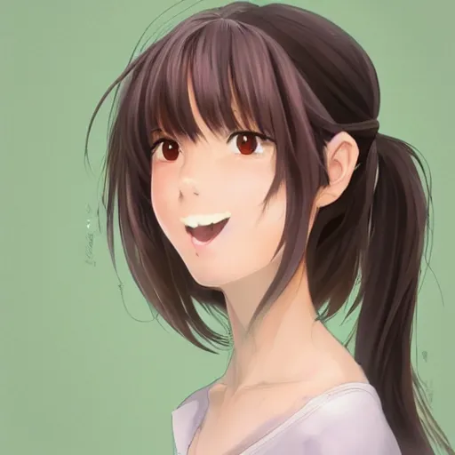 Prompt: A medium shot anime portrait of a happy woman with brown hair, a single short ponytail, a part in her hair, with bright-blue eyes, open mouth, a big forehead, and large eyebrows, without glasses, blue in her eyes, by Stanley Artgerm Lau, WLOP, Rossdraws, James Jean, Andrei Riabovitchev, Marc Simonetti, and Sakimi chan, trending on artstation