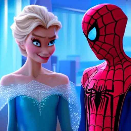 Prompt: spiderman and pregnant princess elsa talking in the livingroom, into the spiderverse cinematic render, ( 2 0 1 8 ) sony animation official media, clear details, award winning, blue gown, third trimester