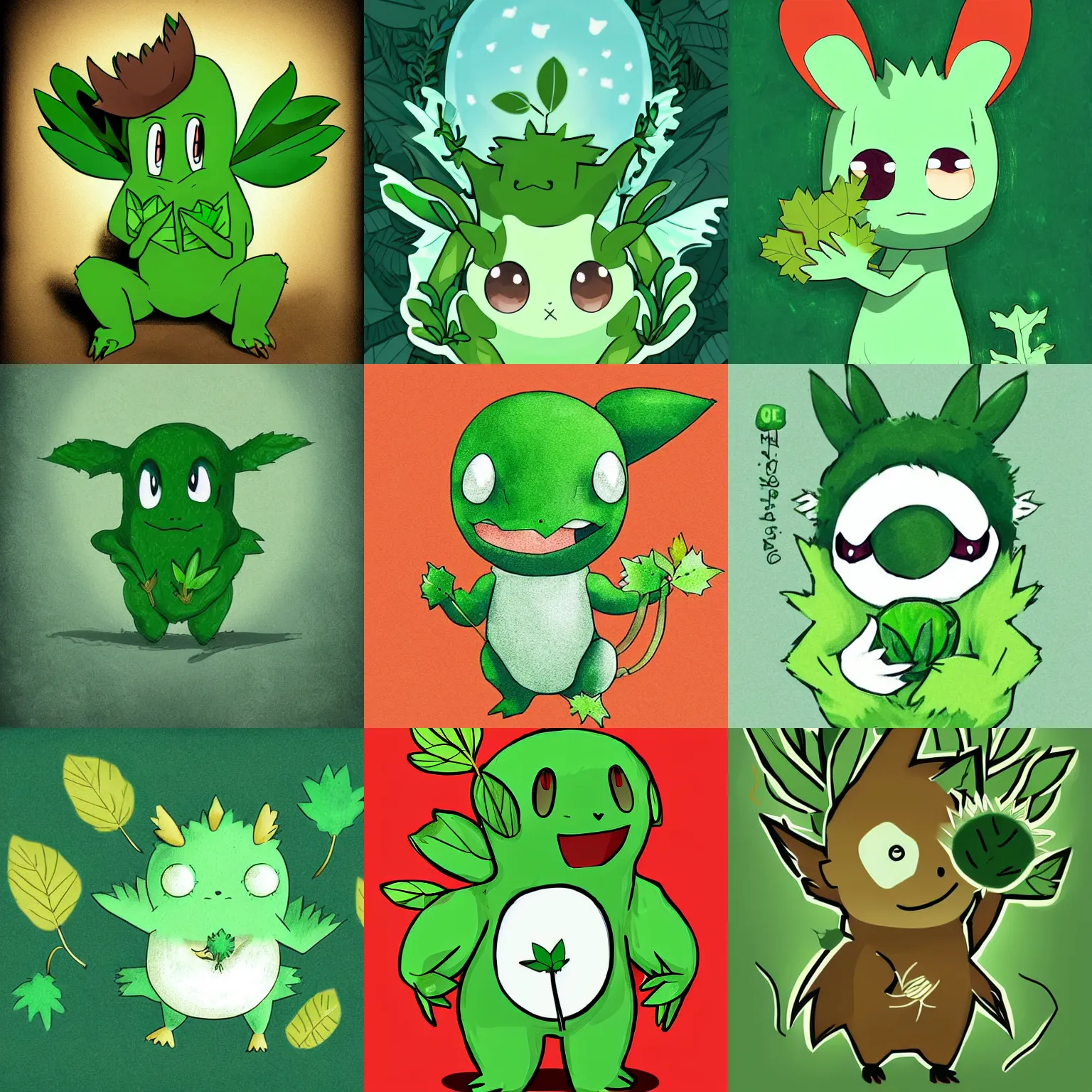 Prompt: a cute little green monster holding leaves, digital art, award - winning illustration, aesthetic, pokemon style