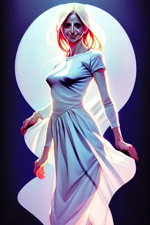 Image similar to artgerm, joshua middleton comic cover art, pretty ghost sarah michelle gellar entire full body, floating, creepy smile, white dress, friendly, translucent, symmetrical eyes, symmetrical face, long white hair, inside haunted house