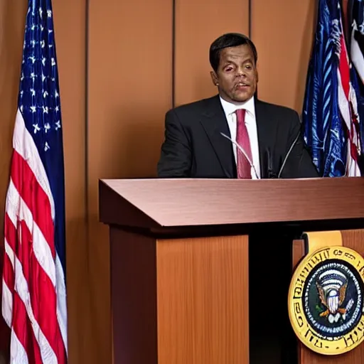 Image similar to string puppet president in a podium giving a press conference
