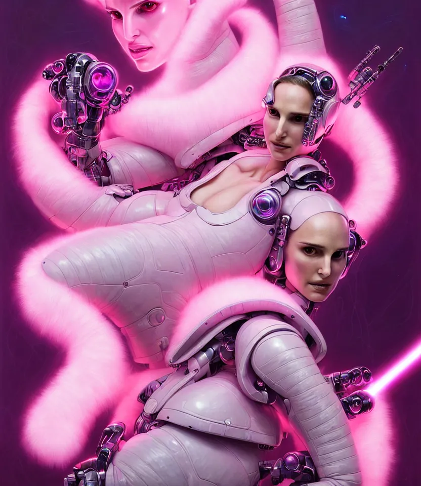 Image similar to beautiful fantasy character portrait of a natalie portman cyborg, wearing pink puffy bomber jacket with white fur, seductive reclining pose, lasers, ultra realistic, dramatic lighting, robots, the fifth element artifacts, highly detailed by peter mohrbacher, hajime sorayama, wayne barlowe, boris vallejo, aaron horkey, gaston bussiere, craig mullins
