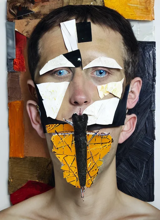 Image similar to a man with a moth mask, cardboard and scotch tape, chain, collage, acrylic on canvas, expressionism movement, breathtaking detailed, by blake neubert
