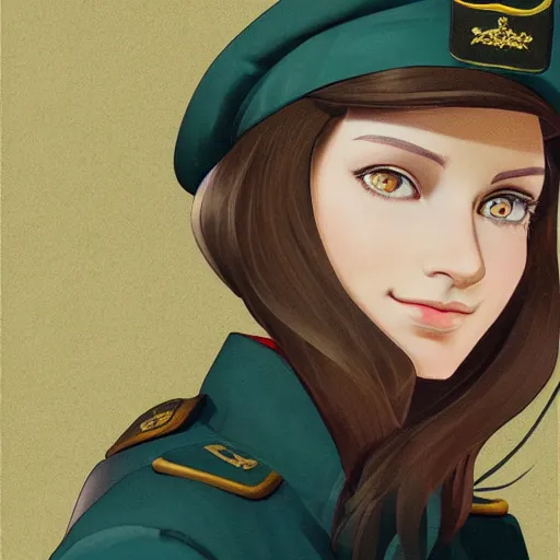 Prompt: portrait bust of young woman with long light brown hair and hazel eyes dressed in a sharp dark teal military uniform with beret, smiling, ilya kuvshinov, anime, ross tran