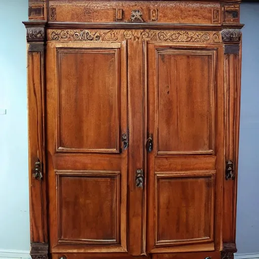 Prompt: large armoire with slightly crooked door in a room full of posters