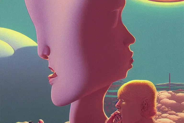 Prompt: a scifi closeup portrait of a young british woman licking a blotter paper of LSD acid on his tongue and dreaming psychedelic hallucinations in cosmos, by kawase hasui, moebius, Edward Hopper and James Gilleard, Zdzislaw Beksinski, Steven Outram colorful flat surreal design, hd, 8k, artstation