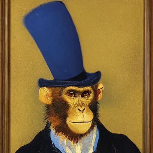 Prompt: a beautiful oil painting of a monkey in a blue top hat , 8k , award winning , made in 1800's , old , painted by vincent van gogh