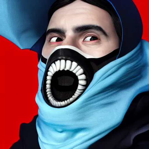 Image similar to a highly detailed, portrait of a man with black hair with a black medical mask, in a hood in the form of a blue shark with white teeth, artstation, DeviantArt, professional, octane render, digital art