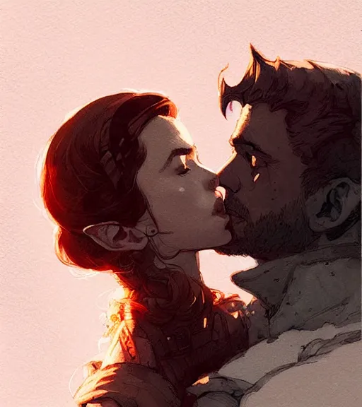 Image similar to portrait of jon kissing dany by atey ghailan, by greg rutkowski, by greg tocchini, by james gilleard, by joe fenton, by kaethe butcher, dynamic lighting, gradient light pink, brown, blonde cream and white color scheme, grunge aesthetic
