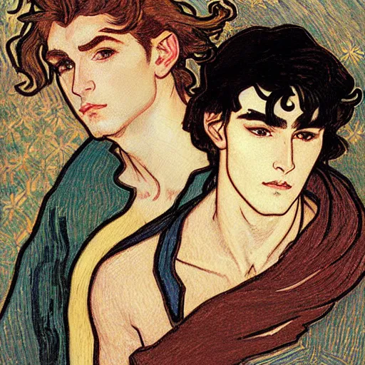 Prompt: painting of two men, young adult handsome human knight with messy pompadour dark brown hair and strong jawline squarish faceshape named vidar together with young handsome pale delicate beautiful paladin elf!! man with long! wavy dark hair named taehyung minjun james, wearing armor!, modest, art by alphonse mucha, vincent van gogh, egon schiele