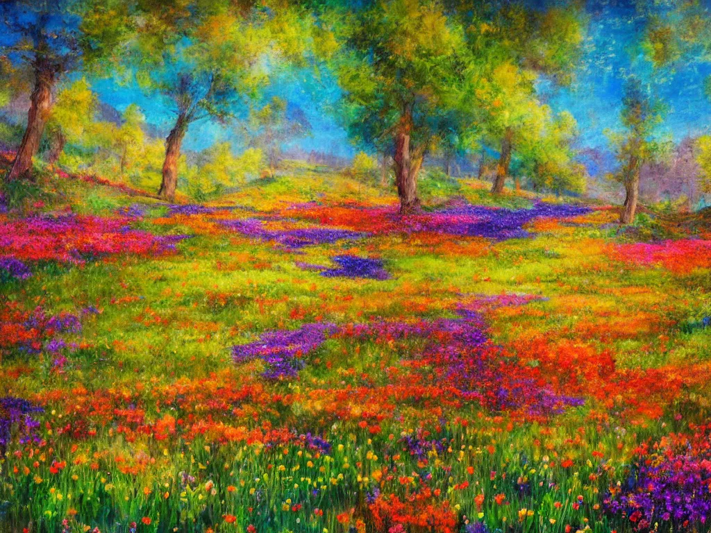 Image similar to an impressionist painting of a gorgeous meadow filled with colorful mushrooms with a stream flowing through it, psychedelic colors, colorful sky in background, trending on artstation