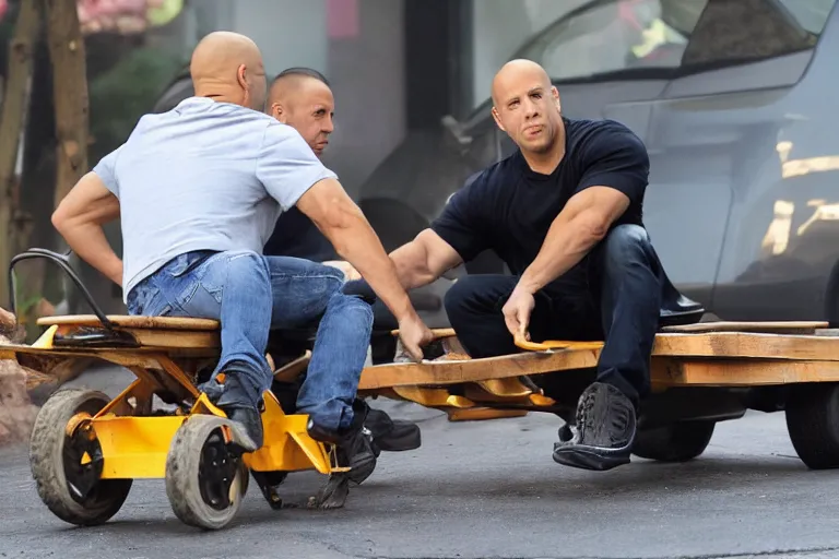 Image similar to Vin Diesel driving a wheelbarrow