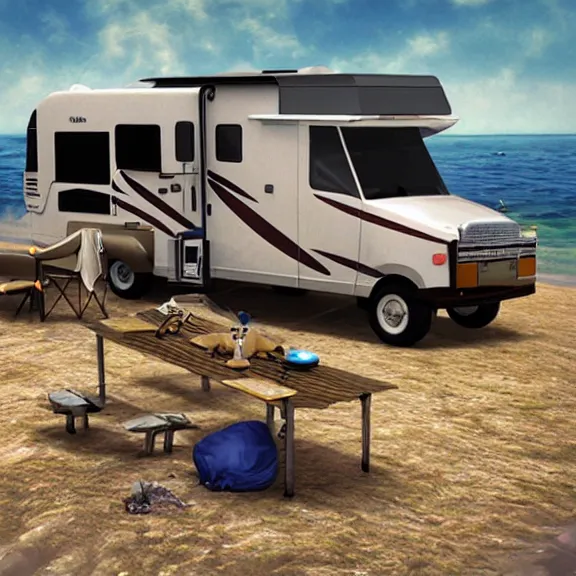 Prompt: Camping with RV by the beach, science fiction matte painting, highly detailed,