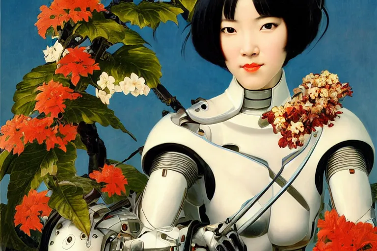 Prompt: a portrait of asian female with short black hair dressed with a robot knight plastic white armor from evangelion, sit in a throne sorrounded by garlands of marble fruits and flowers, masterpiece painted by jc leyendecker