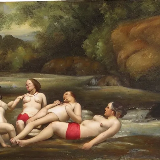 Image similar to The painting depicts four bathers in a stream or river, with two men and two women. The bathers are shown in different positions, with one woman lying down and the other three standing. The painting has a very naturalistic style, with trademark use of bold colors and brushstrokes. The overall effect is one of a peaceful scene, with the bathers enjoying the refreshing water. volumetric lighting, viridian by Kevin Sloan, by Alan Lee Trending on artstation, postprocessing