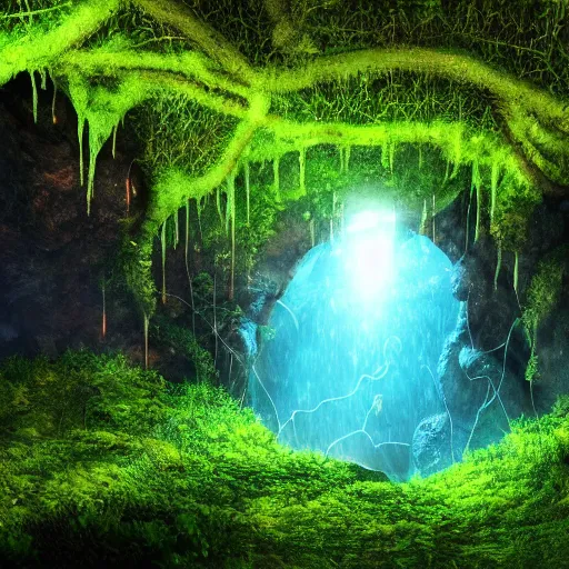 Image similar to glowing cave, hidden by a curtain of vines, covered by lush green vines, rocks, small pool of water, trickling water, stone, hidden, forest, night, glow, magical, magic, fantasy, professional, high quality, highly detailed, award-winning, awe-inspiring, spectacular, HD, 4K, 8K