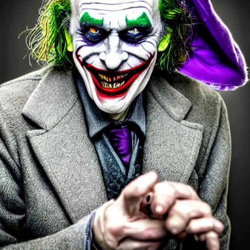 Image similar to the joker as an old druid wizard, bald, bushy grey eyebrows, long grey hair, disheveled, wise old man, wearing a grey wizard hat, wearing a purple detailed coat, a bushy grey beard, sorcerer, he is a mad old man, laughing and yelling