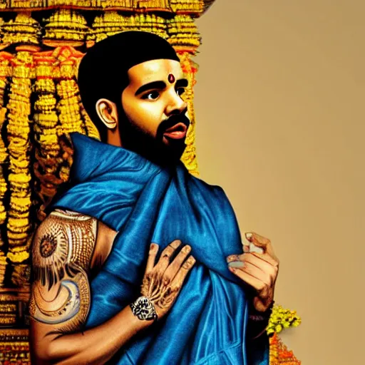 Image similar to photograph of drake the rapper standing in a hindu kovil, wearong a sarong, extremely detailed, photorealistic, accurate portrayal, drake the rapper's face