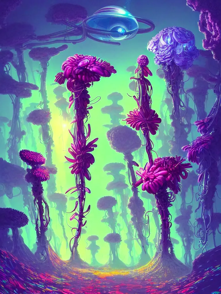 Image similar to concept art. illustration. sci - fi. multicoloured strange weird plants and flowers from a different alien planet. high sci - fi. holographic, beautiful, ethereal