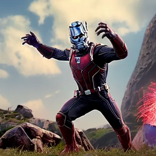 Prompt: Ant Man attacking Thanos through the backside, from Avengers: Endgame (2019)