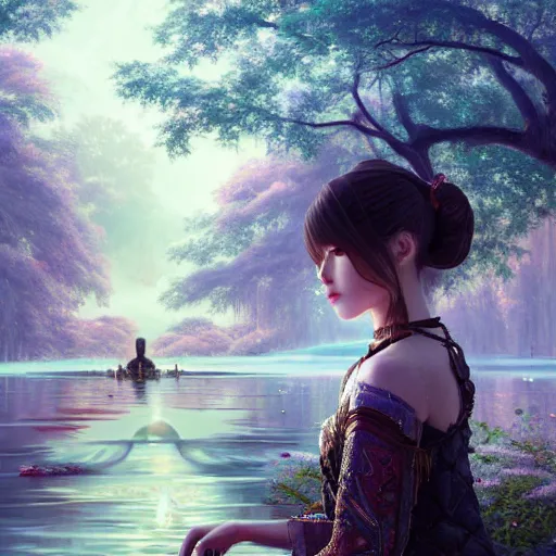 Image similar to painting, nicolas cage as a beautiful young girl in intricate clothing by ross tran, walking in a castle, lake painted by sana takeda, rtx reflections, very high intricate details, digital anime art, medium shot, mid - shot, composition by ilya kuvshinov, lighting by greg rutkowski