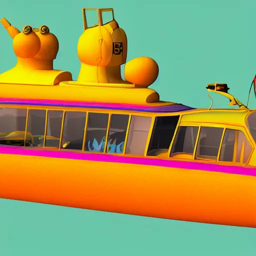 Prompt: a yellow submarine with hairy arms. 3 d render