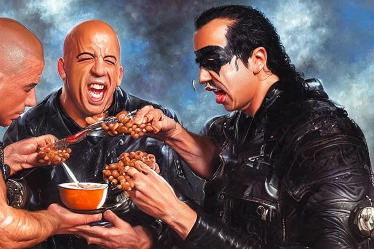 Prompt: vin diesel pouring baked beans into the mouth of paul stanley in kiss makeup, an oil painting by ross tran and thomas kincade